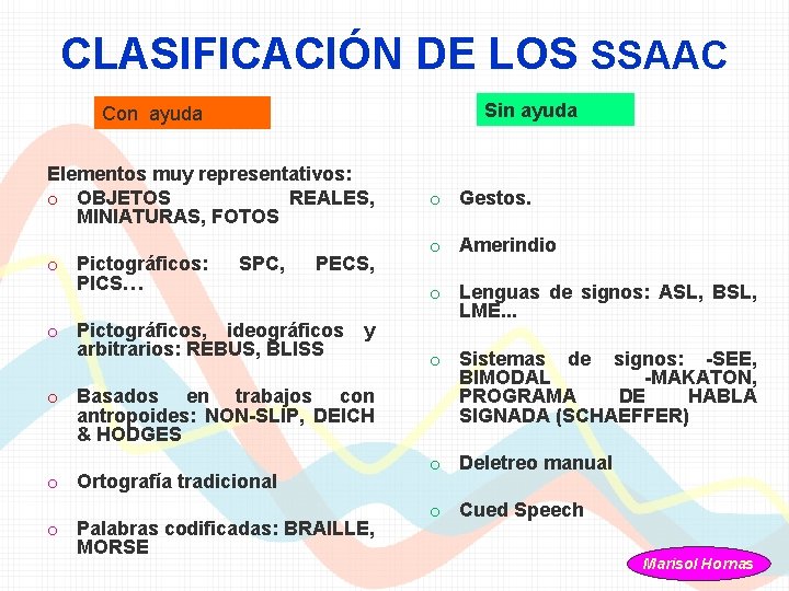 CLASIFICACIÓN DE LOS SSAAC Sin ayuda Con ayuda Elementos muy representativos: o OBJETOS REALES,