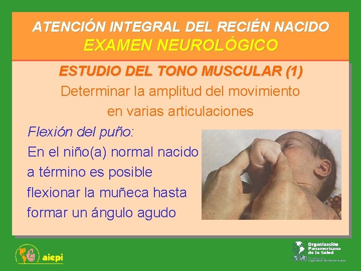 ATENCIÓN INTEGRAL DEL RECIÉN NACIDO EXAMEN NEUROLÓGICO ESTUDIO DEL TONO MUSCULAR (1) Determinar la