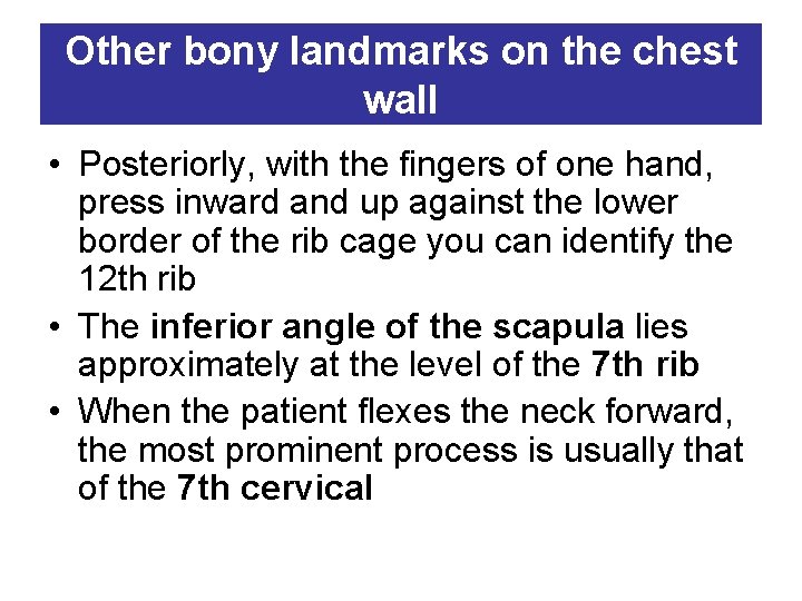 Other bony landmarks on the chest wall • Posteriorly, with the fingers of one