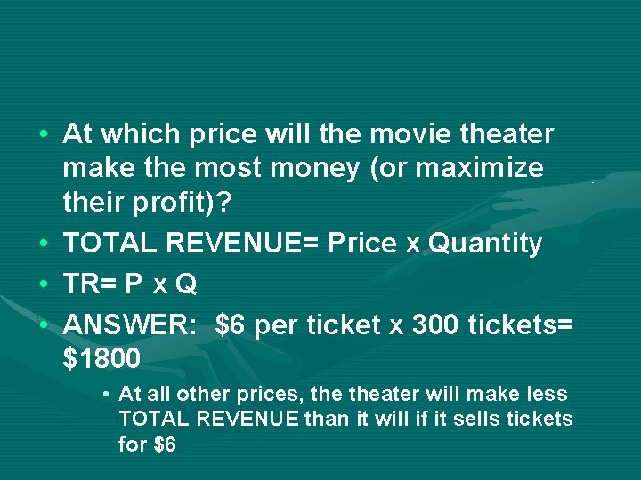  • At which price will the movie theater make the most money (or