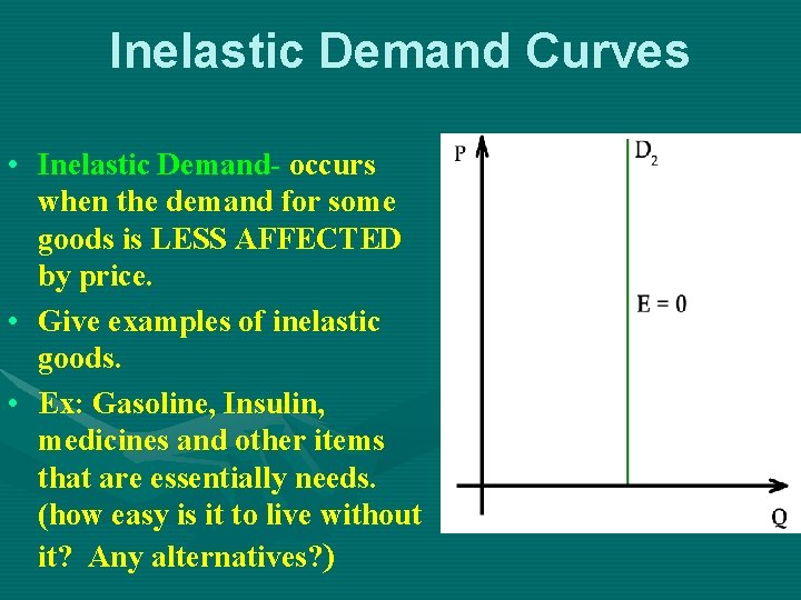 Inelastic Demand Curves • Inelastic Demand- occurs when the demand for some goods is