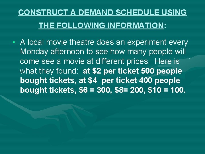 CONSTRUCT A DEMAND SCHEDULE USING THE FOLLOWING INFORMATION: • A local movie theatre does