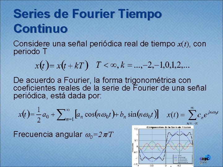 Series de Fourier Tiempo Continuo Considere una señal periódica real de tiempo x(t), con