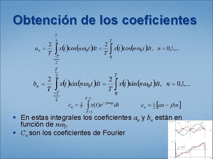 Obtención de los coeficientes § En estas integrales los coeficientes an y bn están