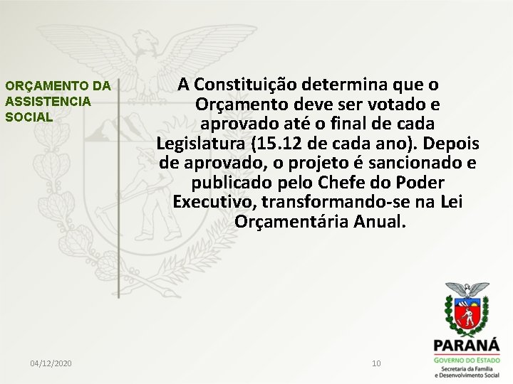 ORÇAMENTO DA ASSISTENCIA SOCIAL 04/12/2020 A Constituição determina que o Orçamento deve ser votado