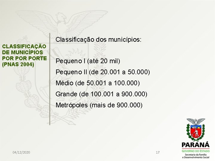 Classificação dos municípios: CLASSIFICAÇÃO DE MUNICÍPIOS POR PORTE (PNAS 2004) Pequeno I (até 20