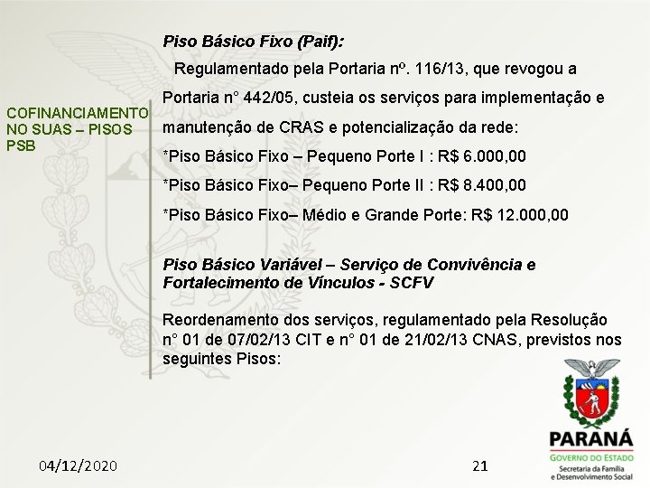 Piso Básico Fixo (Paif): Regulamentado pela Portaria nº. 116/13, que revogou a Portaria n°