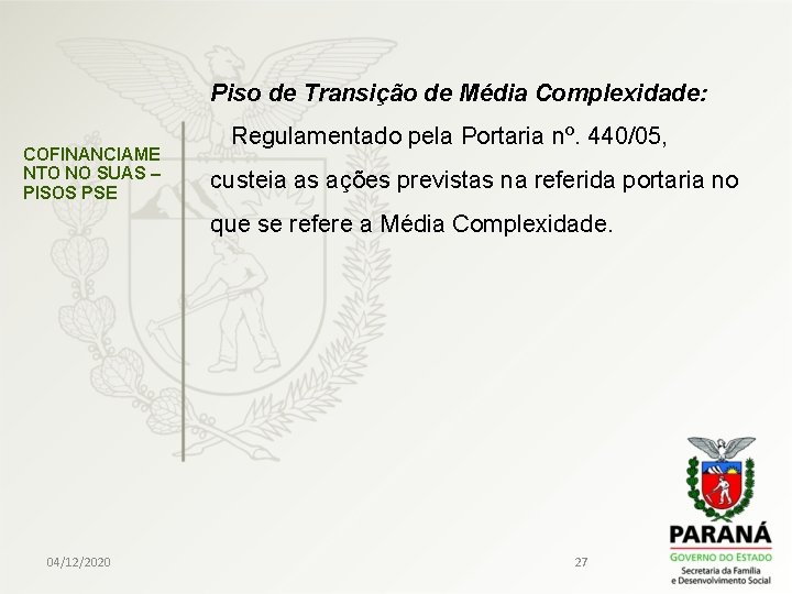  Piso de Transição de Média Complexidade: COFINANCIAME NTO NO SUAS – PISOS PSE