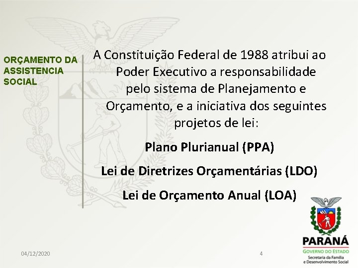 ORÇAMENTO DA ASSISTENCIA SOCIAL A Constituição Federal de 1988 atribui ao Poder Executivo a