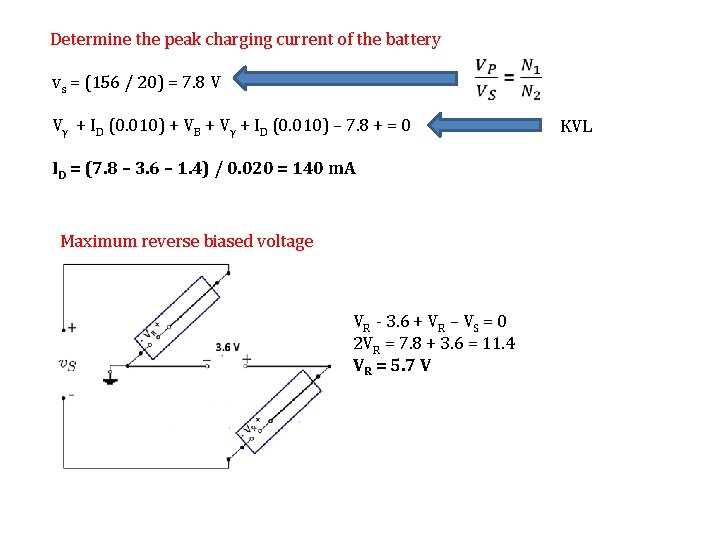 Determine the peak charging current of the battery vs = (156 / 20) =