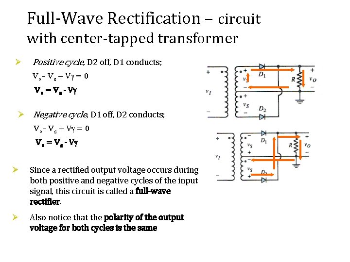 Full-Wave Rectification – circuit with center-tapped transformer Ø Positive cycle, D 2 off, D