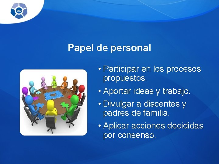Papel de personal • Participar en los procesos propuestos. • Aportar ideas y trabajo. Papel de personal • Participar en los procesos propuestos. • Aportar ideas y trabajo.