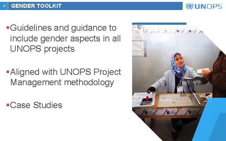 24 GENDER TOOLKIT §Guidelines and guidance to include gender aspects in all UNOPS projects 24 GENDER TOOLKIT §Guidelines and guidance to include gender aspects in all UNOPS projects