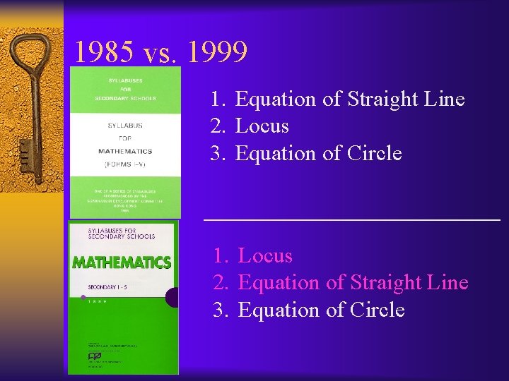 1985 vs. 1999 1. Equation of Straight Line 2. Locus 3. Equation of Circle
