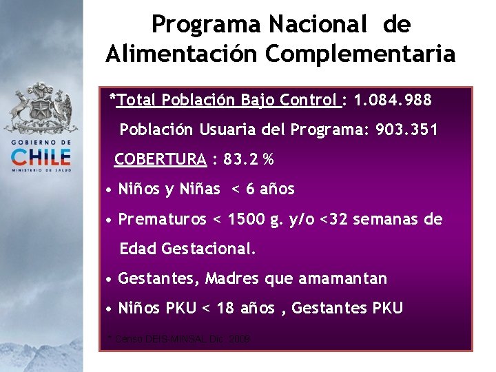 Programa Nacional de Alimentación Complementaria *Total Población Bajo Control : 1. 084. 988 Población