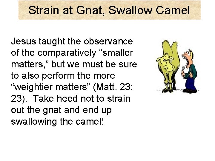 Strain at Gnat, Swallow Camel Jesus taught the observance of the comparatively “smaller matters,