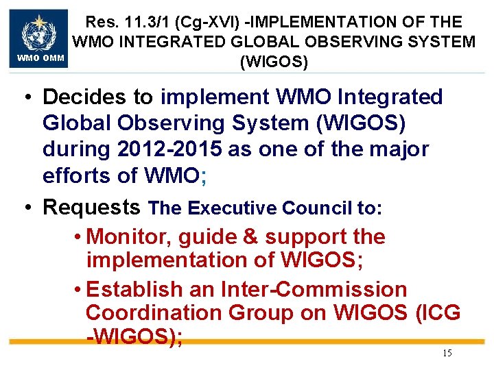 WMO OMM Res. 11. 3/1 (Cg-XVI) -IMPLEMENTATION OF THE WMO INTEGRATED GLOBAL OBSERVING SYSTEM