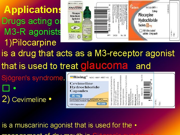 Applications Drugs acting on M 3 -R agonists 1)Pilocarpine is a drug that acts