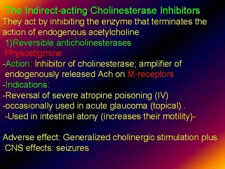 The Indirect-acting Cholinesterase Inhibitors They act by inhibiting the enzyme that terminates the action