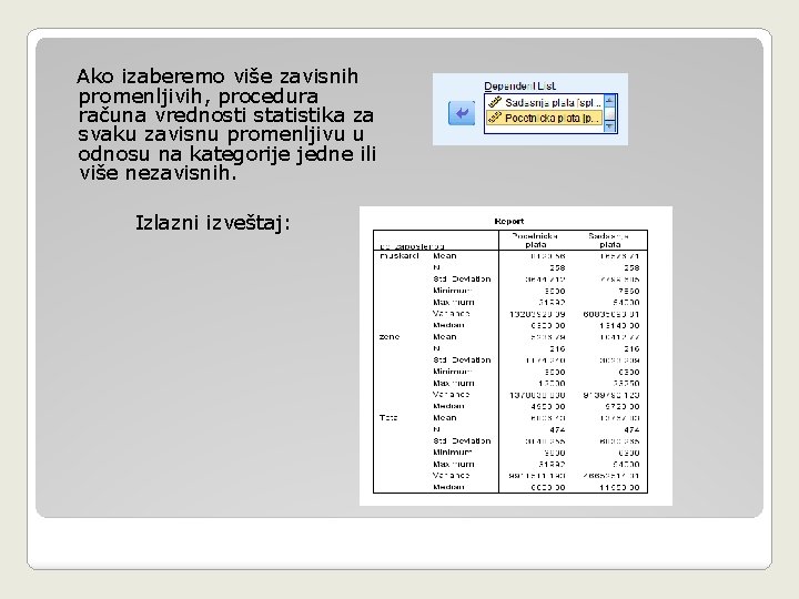 Ako izaberemo više zavisnih promenljivih, procedura računa vrednosti statistika za svaku zavisnu promenljivu u