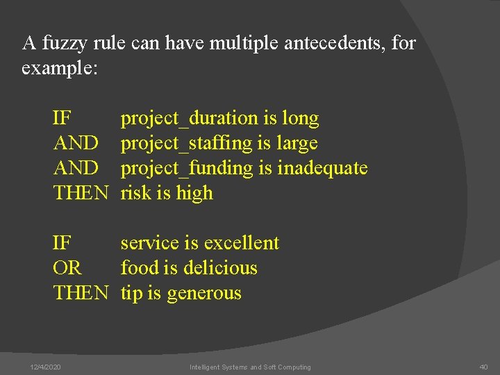 A fuzzy rule can have multiple antecedents, for example: IF AND THEN project_duration is