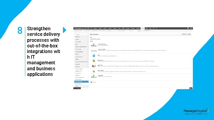 8 Strengthen service delivery processes with out-of-the-box integrations wit h IT management and business