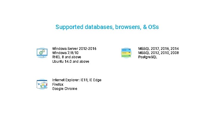 Supported databases, browsers, & OSs Windows Server 2012 -2016 Windows 7/8/10 RHEL 8 and