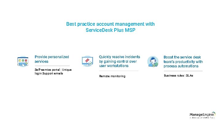 Best practice account management with Service. Desk Plus MSP Provide personalized services Self-service portal