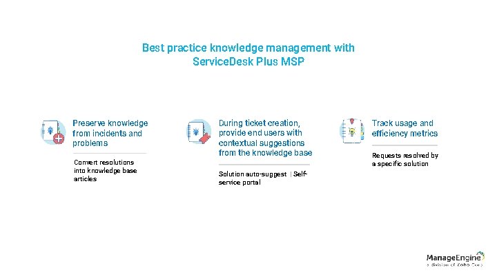 Best practice knowledge management with Service. Desk Plus MSP Preserve knowledge from incidents and