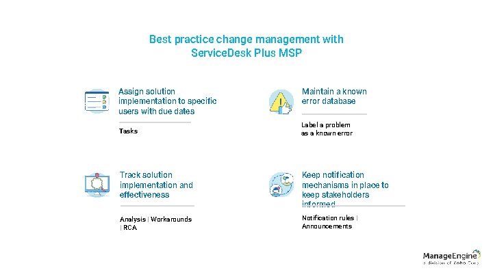 Best practice change management with Service. Desk Plus MSP Assign solution implementation to specific