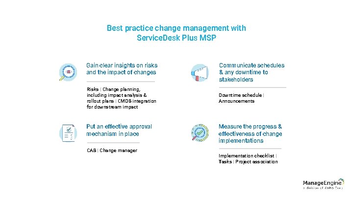 Best practice change management with Service. Desk Plus MSP Gain clear insights on risks