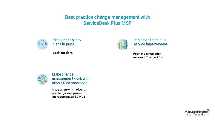 Best practice change management with Service. Desk Plus MSP Keep contingency plans in place