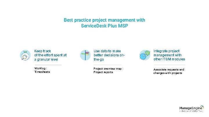 Best practice project management with Service. Desk Plus MSP Keep track of the effort