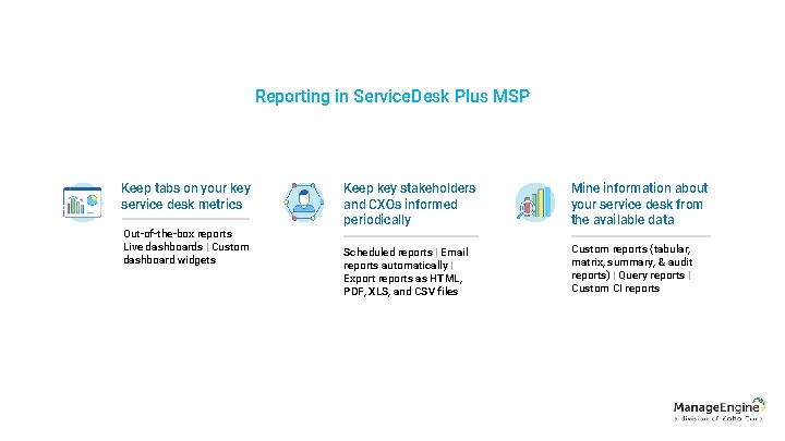 Reporting in Service. Desk Plus MSP Keep tabs on your key service desk metrics