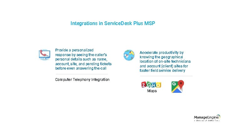 Integrations in Service. Desk Plus MSP Provide a personalized response by seeing the caller's