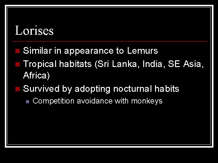 Lorises Similar in appearance to Lemurs n Tropical habitats (Sri Lanka, India, SE Asia,