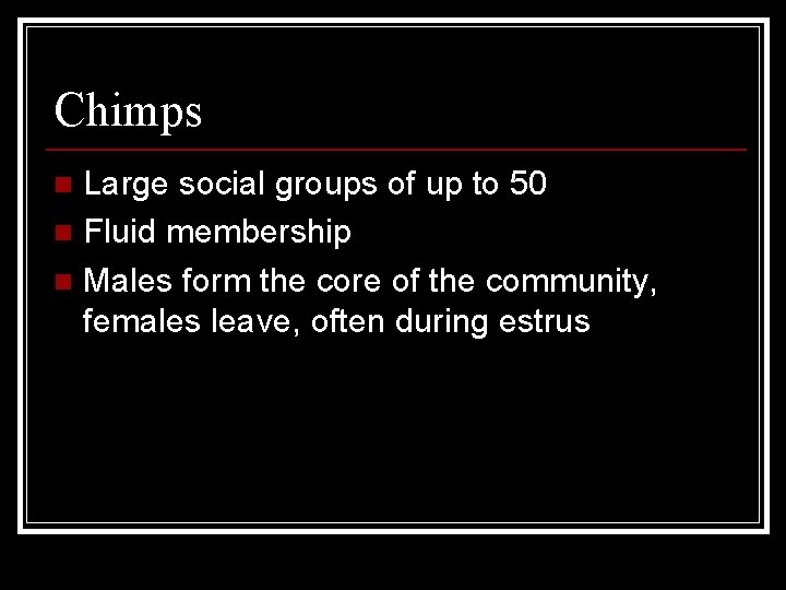 Chimps Large social groups of up to 50 n Fluid membership n Males form