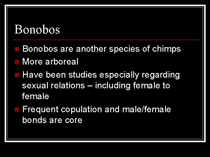 Bonobos are another species of chimps n More arboreal n Have been studies especially