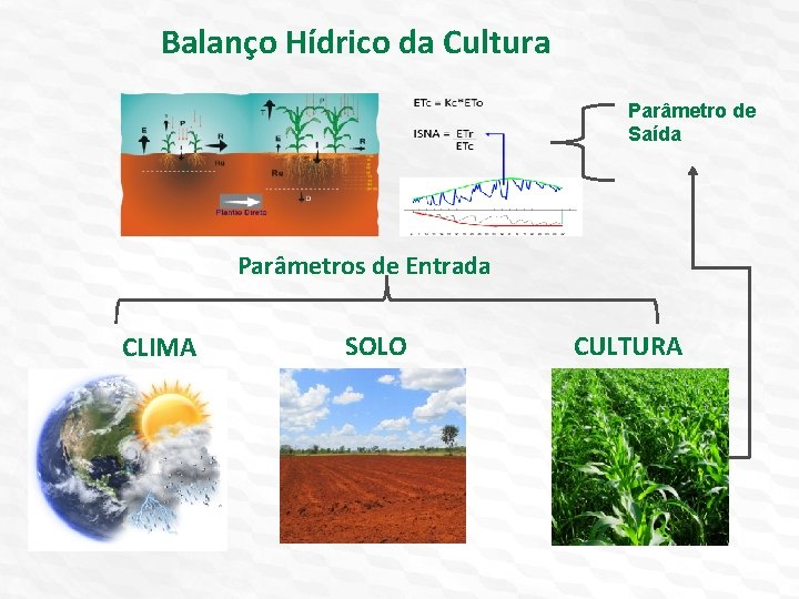 Balanço Hídrico da Cultura Parâmetro de Saída Parâmetros de Entrada CLIMA SOLO CULTURA 