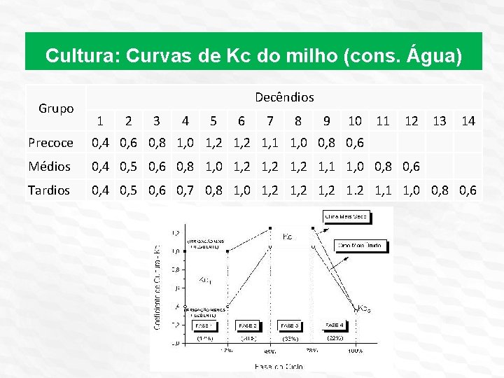 Cultura: Curvas de Kc do milho (cons. Água) Grupo Decêndios 1 2 3 4