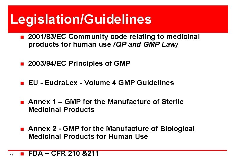 Legislation/Guidelines 17 n 2001/83/EC Community code relating to medicinal products for human use (QP