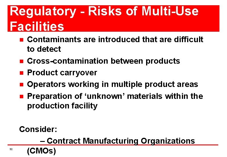 Regulatory - Risks of Multi-Use Facilities n n n 32 Contaminants are introduced that