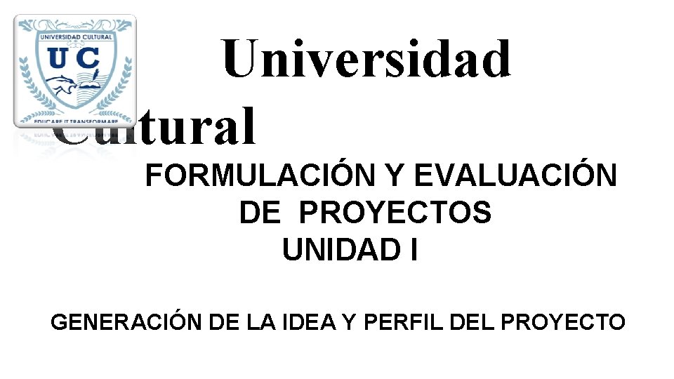 Universidad Cultural FORMULACIÓN Y EVALUACIÓN DE PROYECTOS UNIDAD I GENERACIÓN DE LA IDEA Y