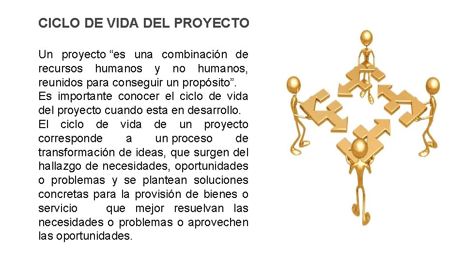 CICLO DE VIDA DEL PROYECTO Un proyecto “es una combinación de recursos humanos y