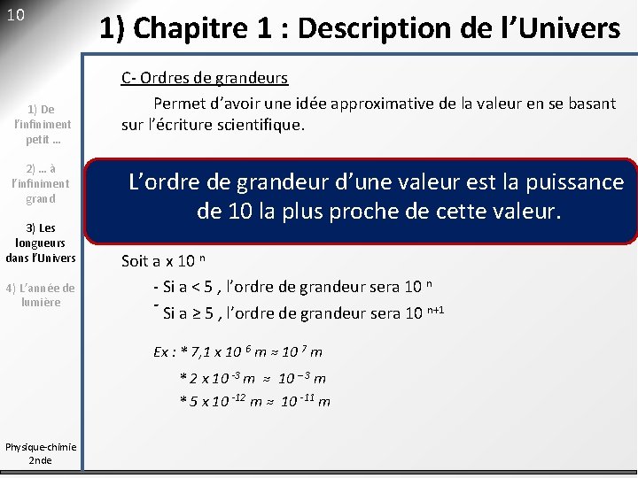 10 1) De l’infiniment petit … 2) … à l’infiniment grand 3) Les longueurs