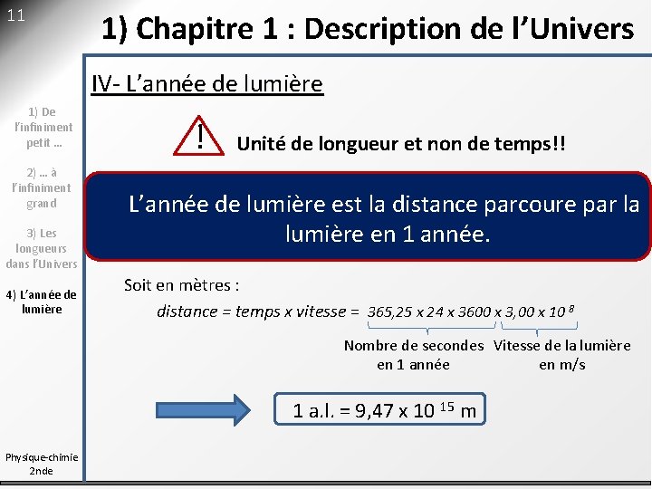 11 1) Chapitre 1 : Description de l’Univers IV- L’année de lumière 1) De