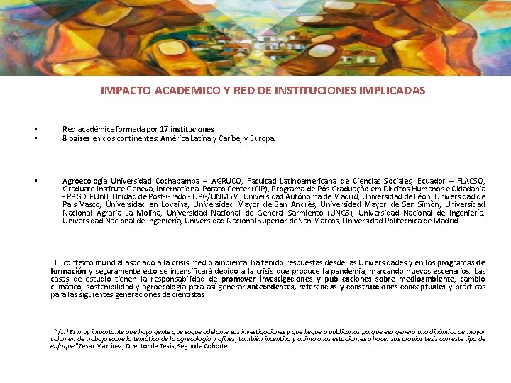 IMPACTO ACADEMICO Y RED DE INSTITUCIONES IMPLICADAS • • Red académica formada por 17