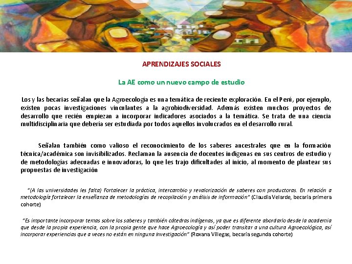 APRENDIZAJES SOCIALES La AE como un nuevo campo de estudio Los y las becarias