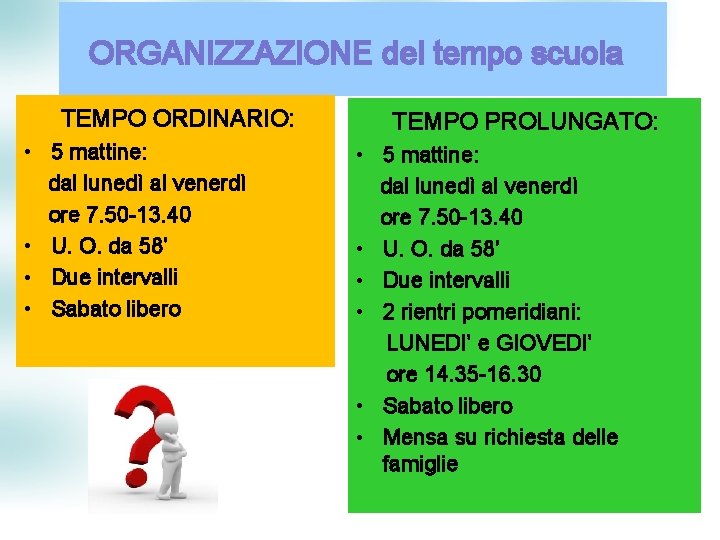  ORGANIZZAZIONE del tempo scuola TEMPO ORDINARIO: • 5 mattine: dal lunedì al venerdì