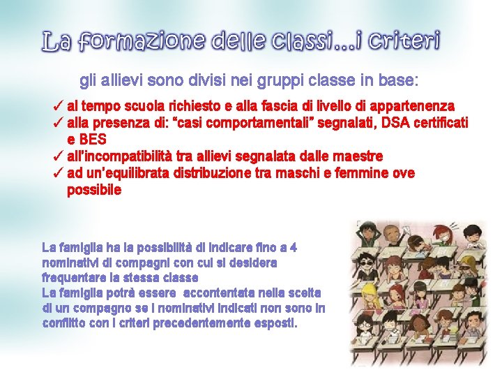 gli allievi sono divisi nei gruppi classe in base: ✓ al tempo scuola richiesto